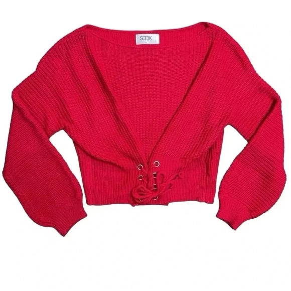 LF Seek the Label Chunky Knit Sweater Red Medium Tie Front Corset Boat Neck Rib - Picture 1 of 6